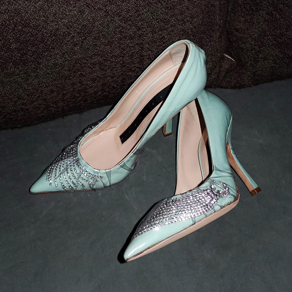 Midnight 00 Plastic Wrap Tiffany Blue Rhinestone Heels - FR 38.5/US 7.5